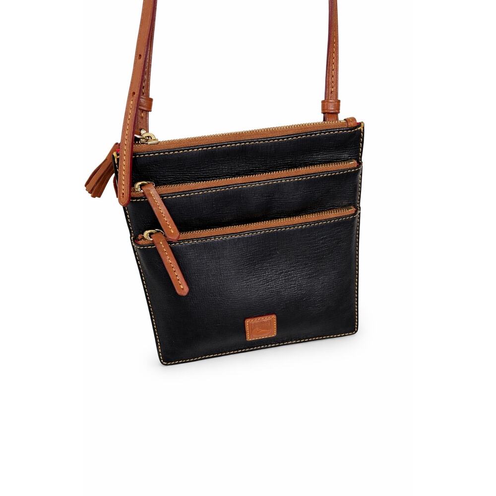 Dooney & Bourke Triple Zip Crossbody‎ Black Tan Leather Tassel Quiet Luxury